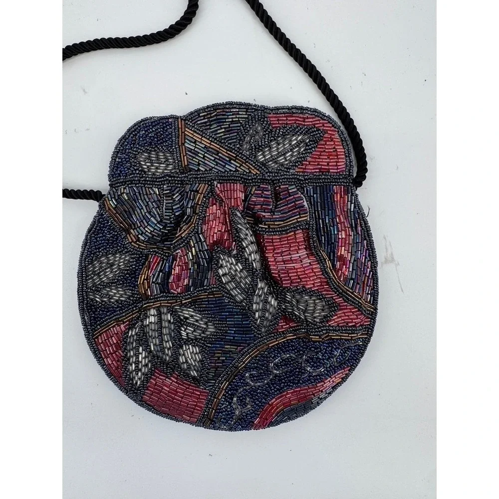 Jeromes Beaded‎ Purse Evening Bag Navy Red Floral Vintage